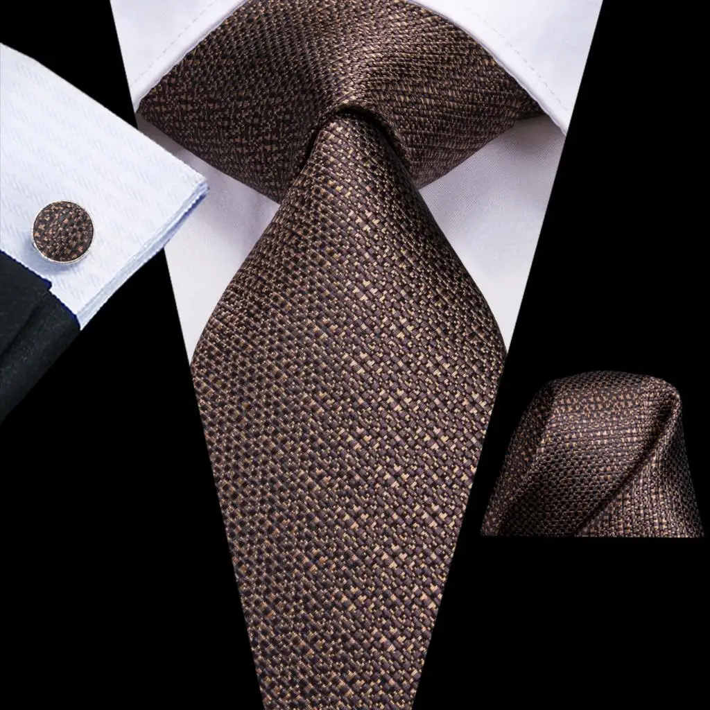 

Brown Solid Silk Wedding Tie For Men Handky Cufflink Gift Men Necktie Set Fashion Design Business Party Dropshiping Hi-Tie