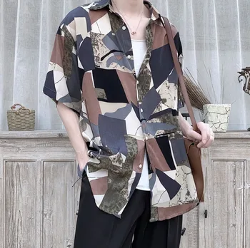 

2020 Summer New Youth Popular Color Matching Retro Printing Loose Single-breasted Short-sleeved Shirt Fashion Casual Top