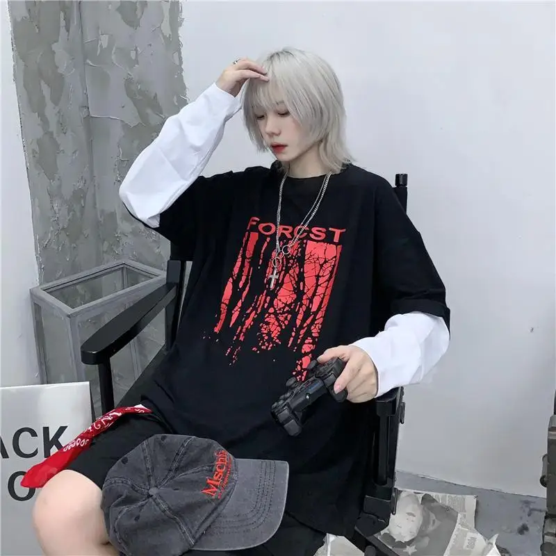 

NiceMix Spring Harajuku Tshirt Women Clothes pullover Loose Tops Long Sleeved Fake Two Pieces Pullover Tees for Unisex Couples