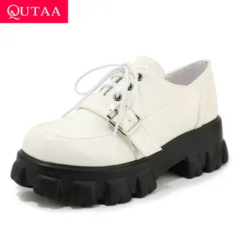 

QUTAA 2020 Buckle Lace Up Platform Antiskid Women Pumps Round Toe PU Patent Leather Square Heel Casual Women Shoes Size 34-43
