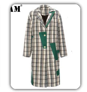 [EAM] длинное шерстяное пальто свободного кроя цвета хаки в клетку с разрезом большого размера, парки, новинка, длинный рукав, Женская мода осень-зима 19A-a520