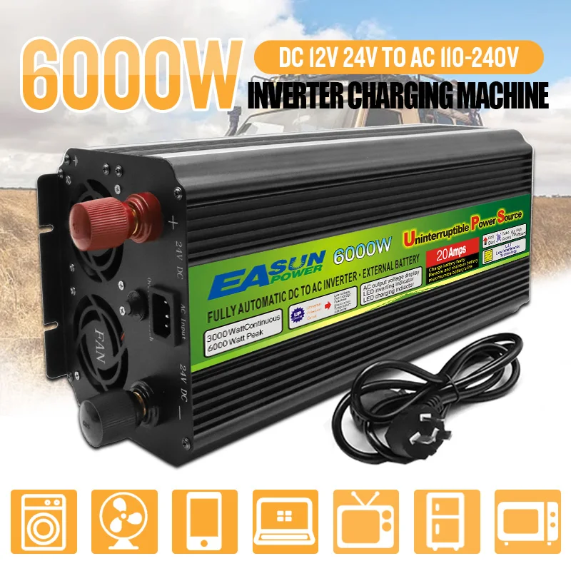 Inverter Di Potenza A Onda Sinusoidale 6000W Cc 12V 24V A Ca 220V Carica Batteria Inverter Per Auto Convertitore Di Tensione Di Ricarica 5V Con Ventol