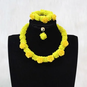 

Dudo Yellow African Beads Jewelry Set With Coral Flowers Earrings Necklace Bracelet Set 18 Inches Crystal Squared Jewellery Set
