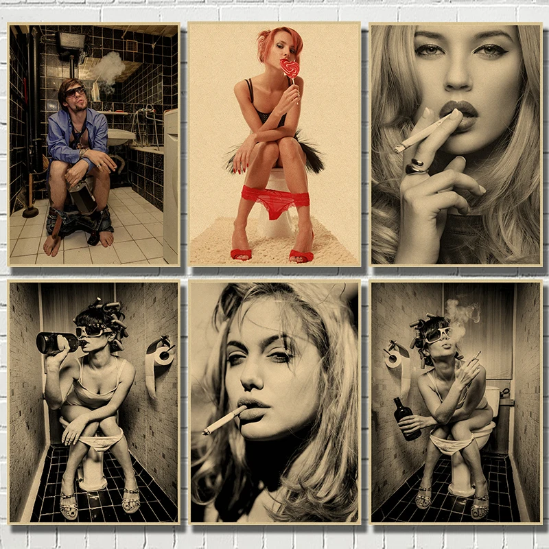 Fashion Toilet Girl Smoking Drink Wall Art Painting Nordic Kraft Posters Wall Pictures For Restroom Bar Decor