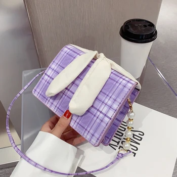 

Fashion Plaid Pearl Crossbody Bags Women PU Leather Bowknot Elegant Purse Shoulder Messenger Small Square Phone Pouch