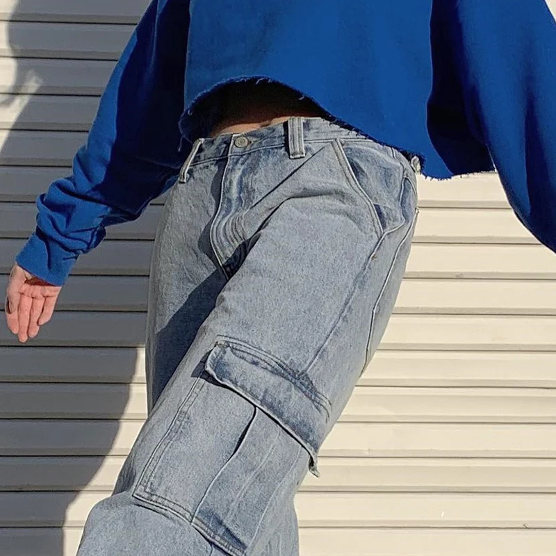 Weekeep Pockets Patchwork High Waist Jeans Women Streetwear Straight Jean Femme Blue 100% Cotton Cargo Pants Weekeep Pockets Patchwork High Waist Jeans Women Streetwear Straight Jean Femme Blue 100% Cotton Cargo Pants