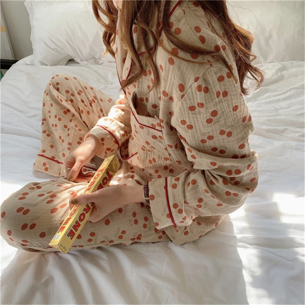 

High GradeSleeve Cardigan Cherry Home Service Two-piece Suit Sleepwear Creation 101 Autumn and Winter Season Cotton Pajamas Long