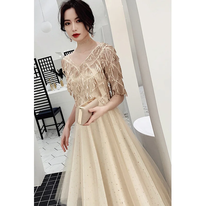 Это Yiiya Eveing платья расшитые блестками Половина рукава Robe De Soiree элегантное вечернее платье с v-образным вырезом размера плюс LF235