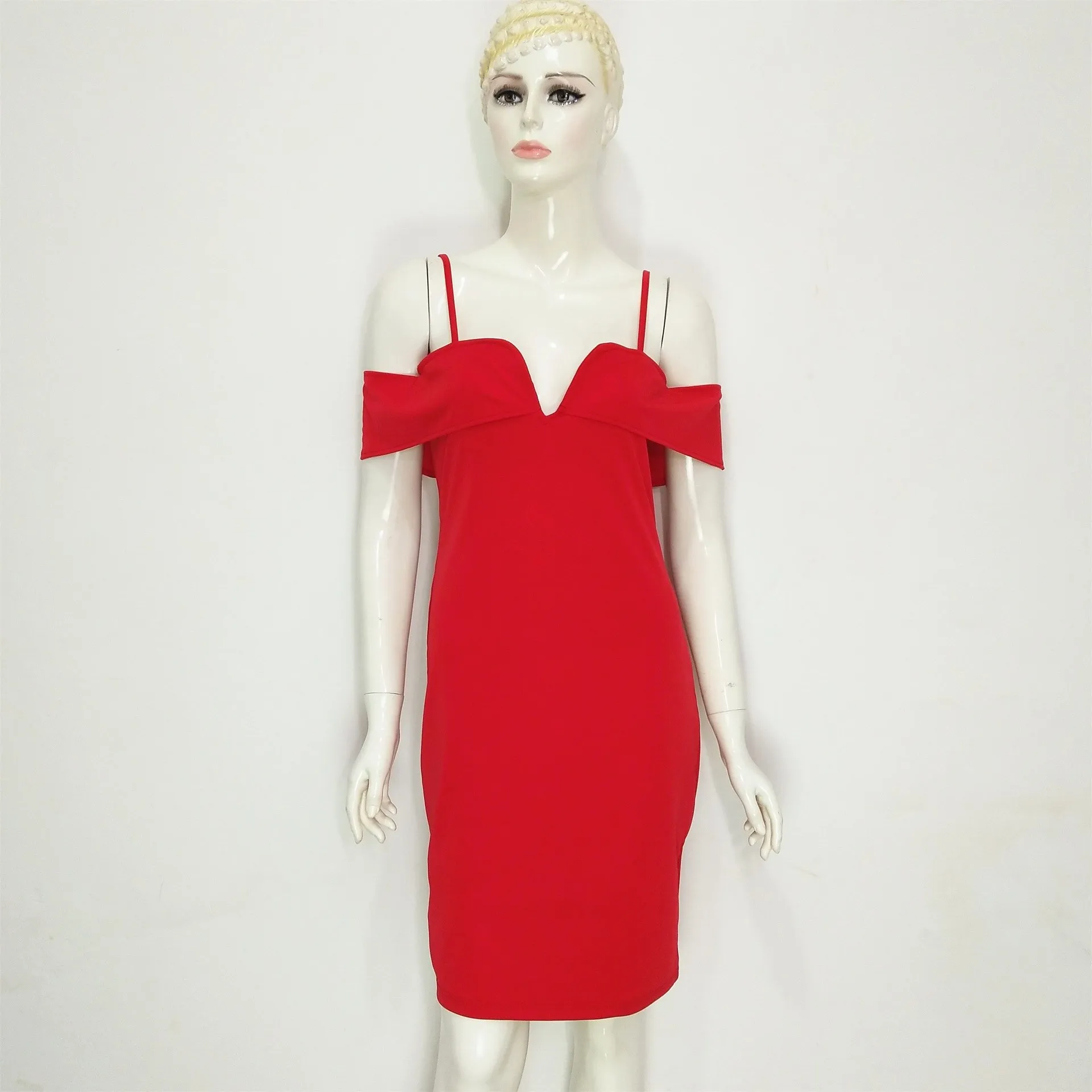 

Nice Summer Women Off Shoulder Party Dress Office Lady Sexy V Neck Straps Bodycon Dress Solid Knee-Length Pencil Dress