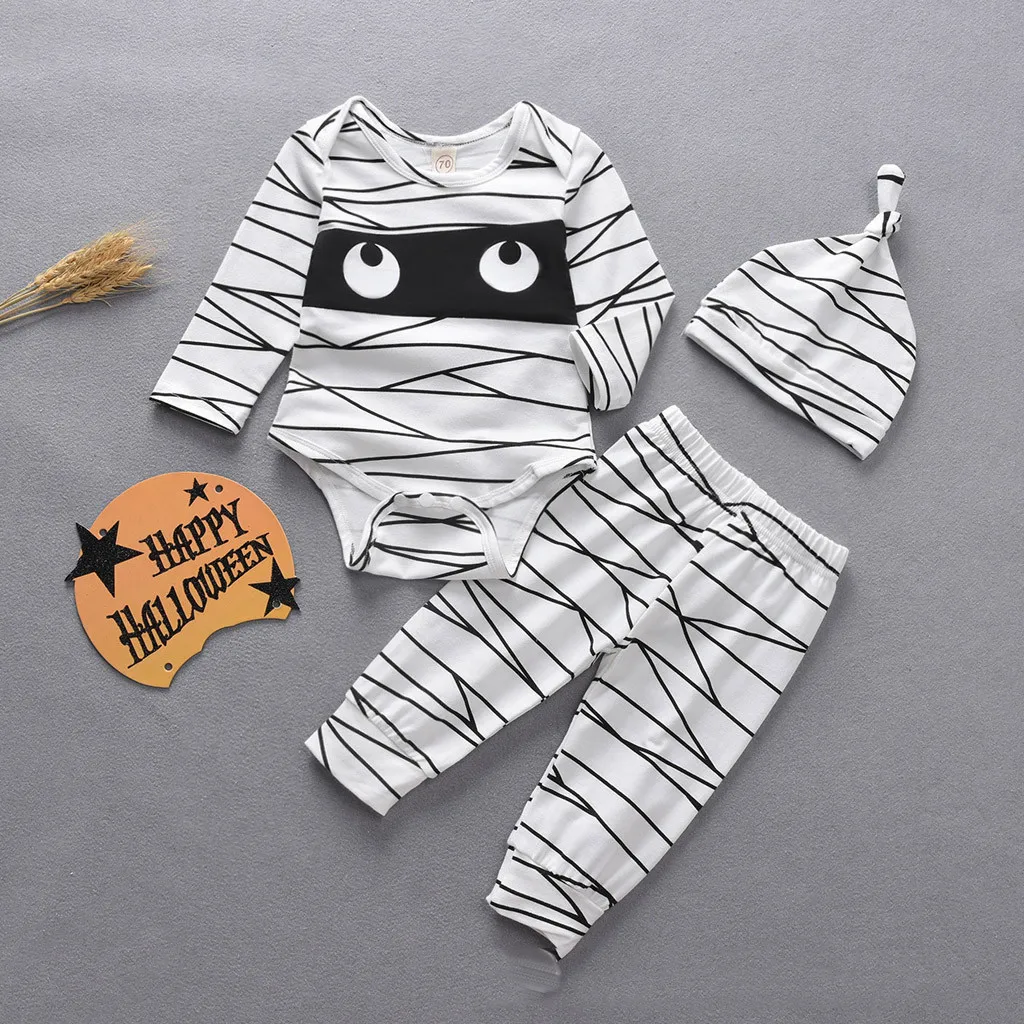

Toddler Kids Baby Boy Girl Clothes Sets Halloween Tops+Funny Mummy Pants Hat Set Winter Long Sleeve Pajamas Outfits ropa bebe