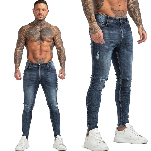 GINGTTO Jeans Men Elastic Waist Skinny Jeans Men 2020 Stretch Ripped Pants Streetwear Mens Denim Jeans Blue blue zm1050