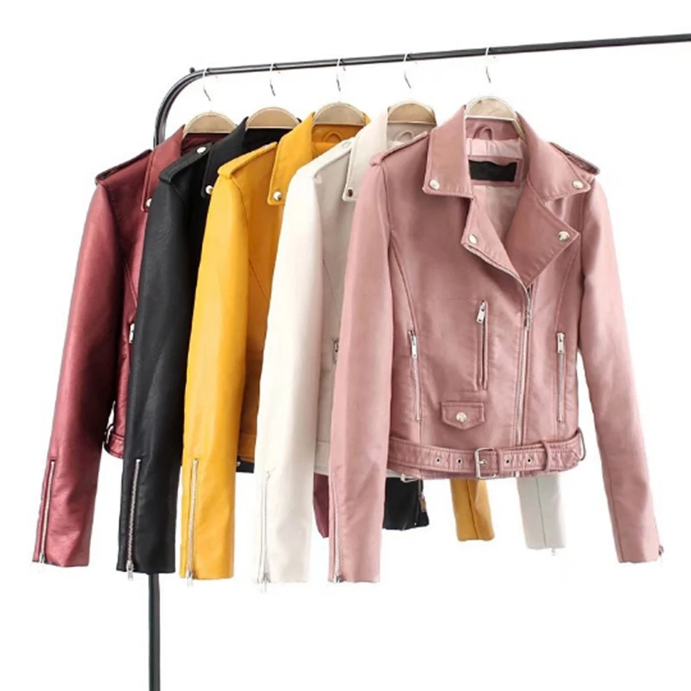

Korean Motorcycle Short Coat New Spring Women's Jacket The Self-cultivation Pu Leather Jacket Women's Leather Bright