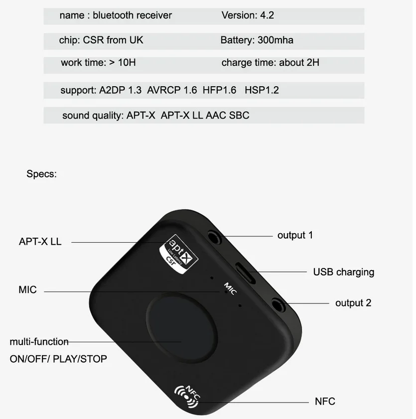B7 Разъем беспроводной Bluetooth 4,2 приемник aptX LL низкая задержка двойной порт аудио NFC музыкальный адаптер для ноутбука телефона автомобиля