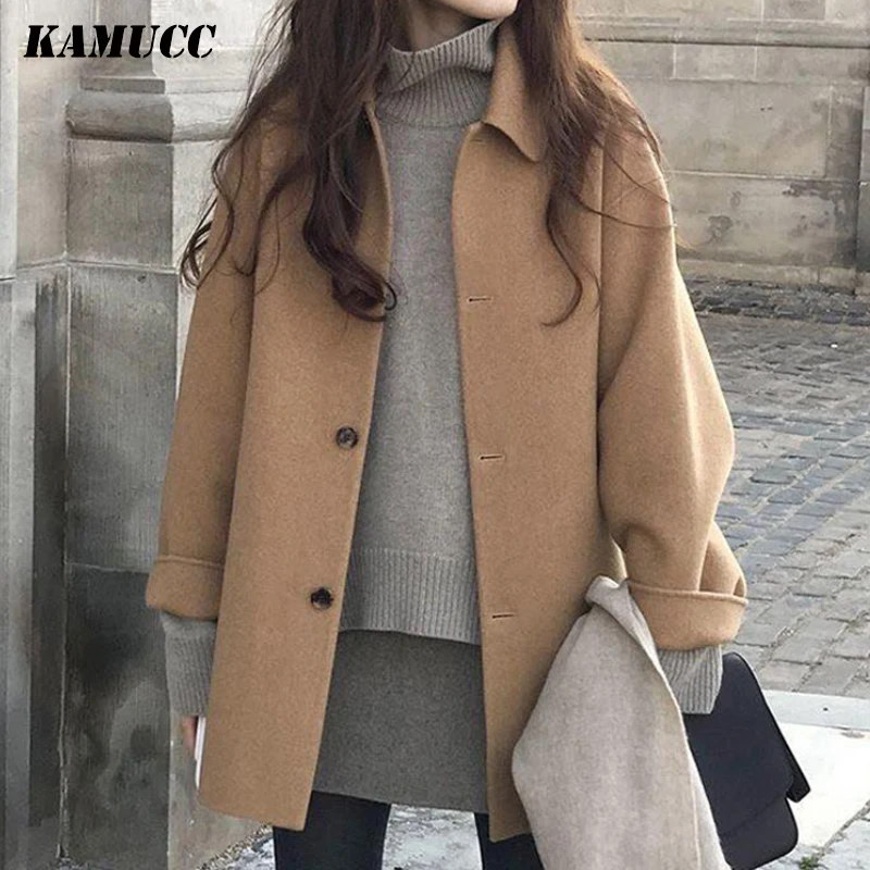 

KAMUCC Autumn Women Wool Coat Long Sleeve Single Breasted Fashion Turn Down Female Blends Causal Loose Winter Outwear 2020