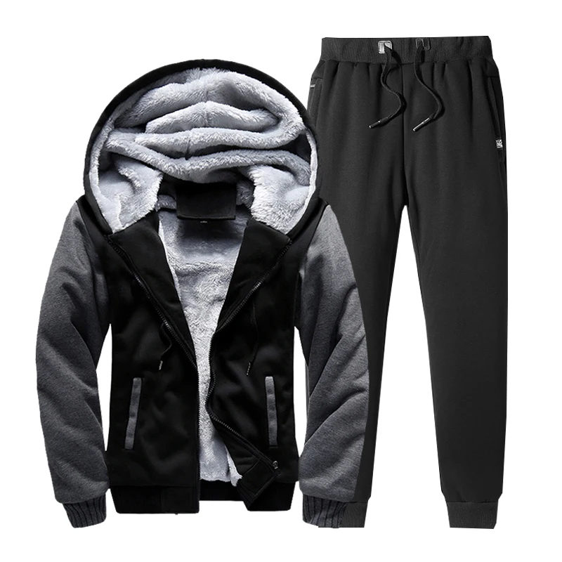 TZ213 Gray Black Теплые Зимние флисовые толстовки с капюшоном из двух частей, спортивный костюм, мужские комплекты, плотные пальто+ штаны, Повседневная Лоскутная спортивная одежда, беговые костюмы 5XL - Цвет: TZ213 Gray Black