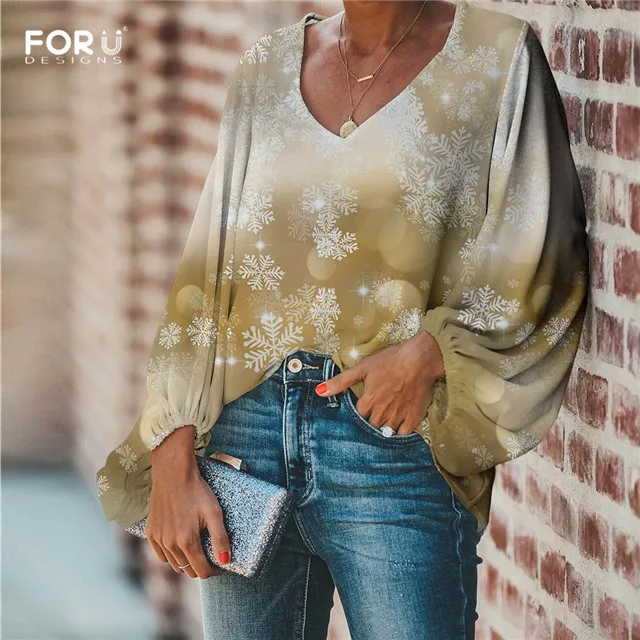 FORUDESIGNS/женские шифоновые блузки с v-образным вырезом, повседневные, с рукавом-шаром, красивые, с принтом снежинки, для девочек, мягкие, вечерние, для улицы, рубашки - Цвет: HML074B2