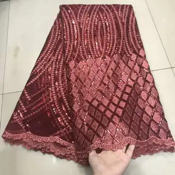 

2019 Latest African Net Lace Fabric, High Quality Sequins Nigerian Wedding Lace Fabrics 5Yards Sequins French Tulle lace