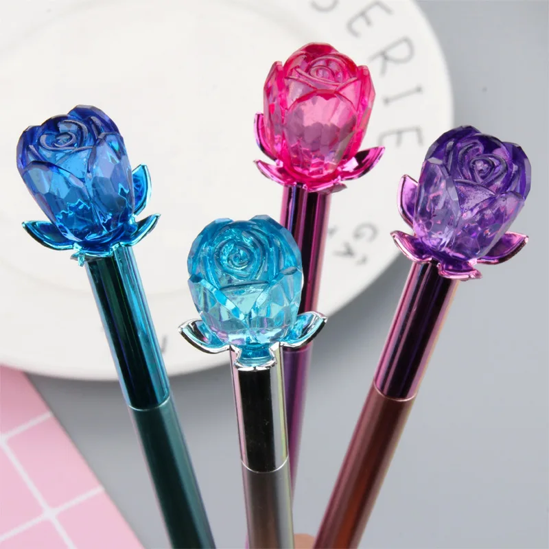 

50PCS Metal Crystal Rose Gel Pens Metal Pen Floret Cap Black Water Pen Stationery Kawaii School Supplies