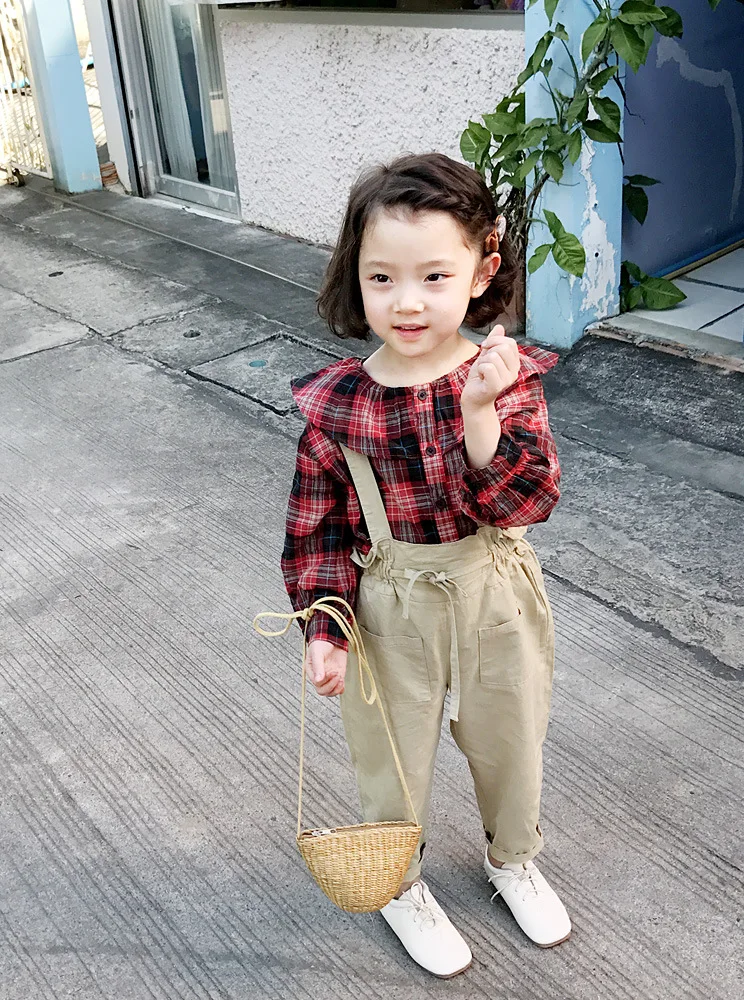 new autumn item girl fashion suit including plaid shirt+suspender pant 2pcs per set