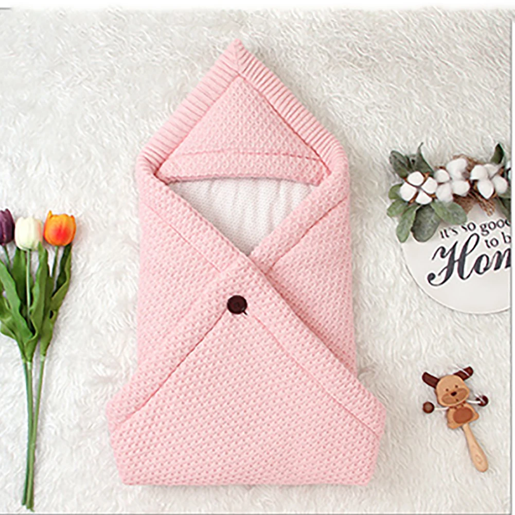 New  Newborns Soft Anti Kick Warm Blanket Baby Sleeping Bag Wrap Solid Knitting Small Hat With Button En