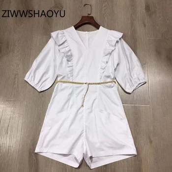 

ZIWWSHAOYU Summer Female White V-Neck Sweet Playsuits Fashion Designer Women Ruffles Chain Belt Chic Short Rompers 2020