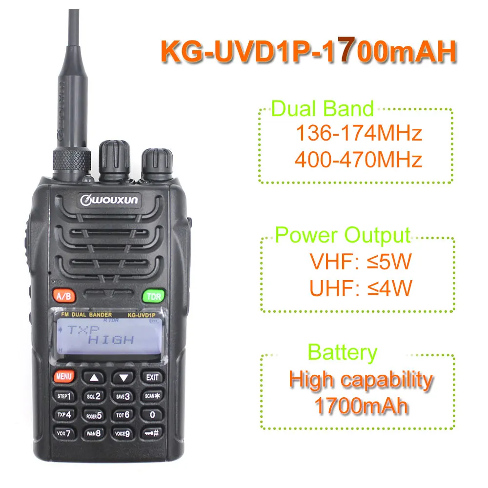 Original WOUXUN KG-UVD1P Dual Band Two Way Radio with 1700mAh Battery FM Transceiver UVD1P Walkie Talkie UHF VHF HAM Radio
