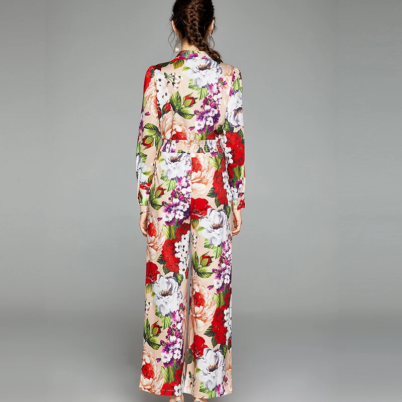 2020 New Runway Designer Autumn Rompers Turn Down Neck Long Sleeve Elastic Waist Floral Print Playsuits Women Long Jumpsuits