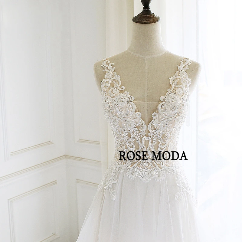 White with Champagne Rose Moda нежное кружевное свадебное платье в стиле бохо v-образный вырез на шнуровке сзади Свадебные платья на заказ - Цвет: White with Champagne