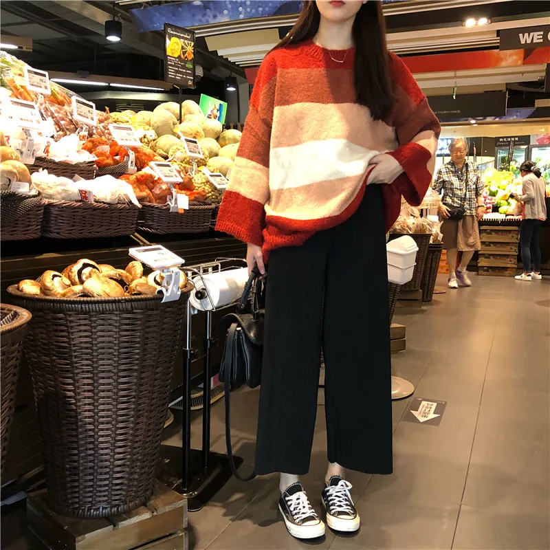 Женские весенне-осенние модные брендовые вязаные свитера Ulzzang в полоску в Корейском стиле, женские повседневные свободные пуловеры, Свитера