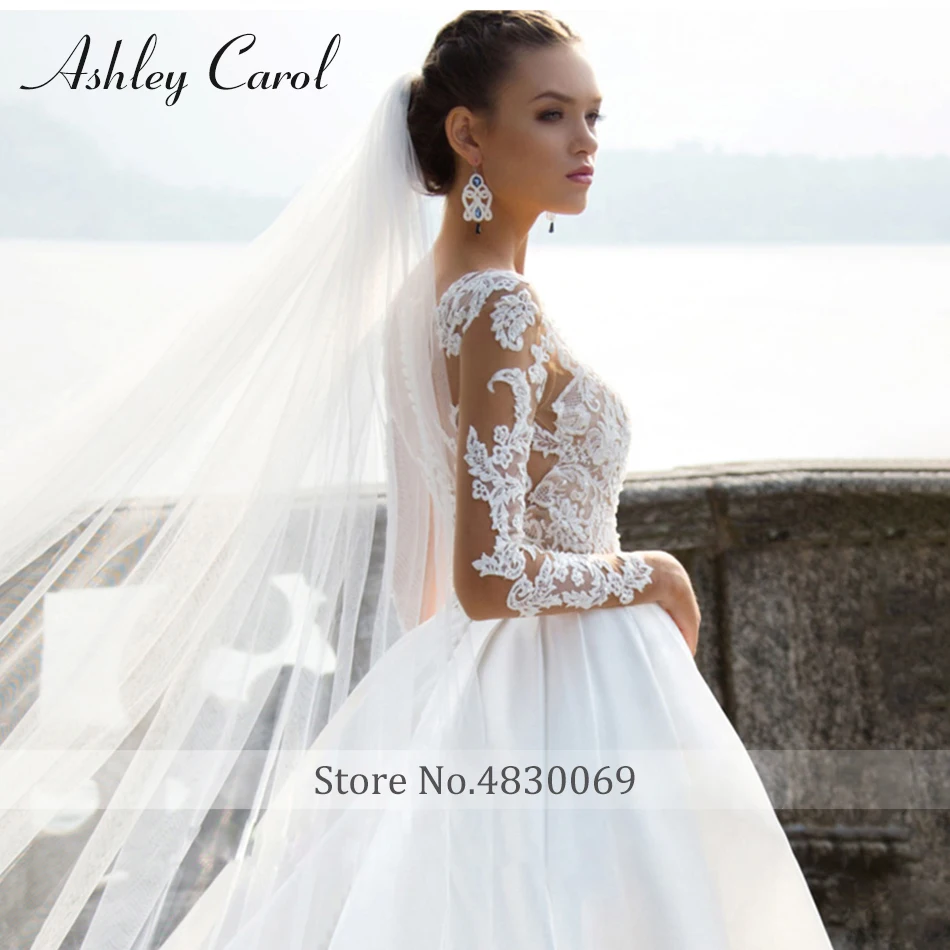 Ashley Carol мягкое атласное свадебное платье принцессы с длинным рукавом сексуальное винтажное свадебное платье с v-образным вырезом и иллюзией Vestido De Novia