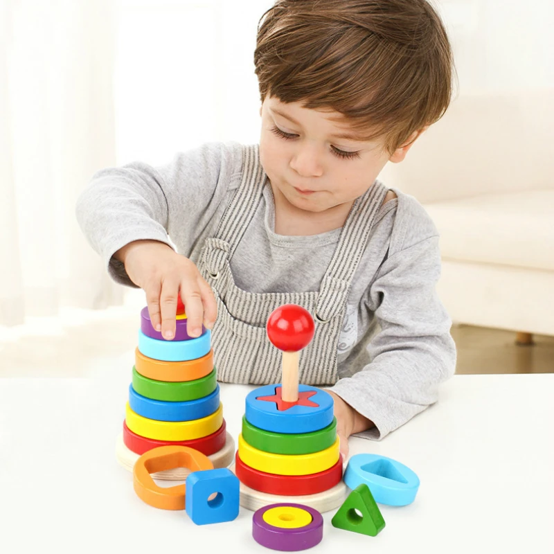 

Wooden Toys Double Hanoi Folding Color Rainbow Rainbow Column Shape Matching Color Set of Children's Educational Toys