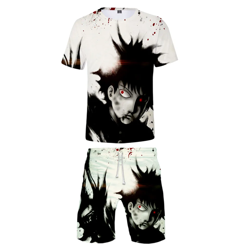 Аниме футболка+ шорты наборы для мужчин 3D мультфильм толпа Psycho 100 летние костюмы повседневные мужские спортивные костюмы брендовая одежда топы тройники набор