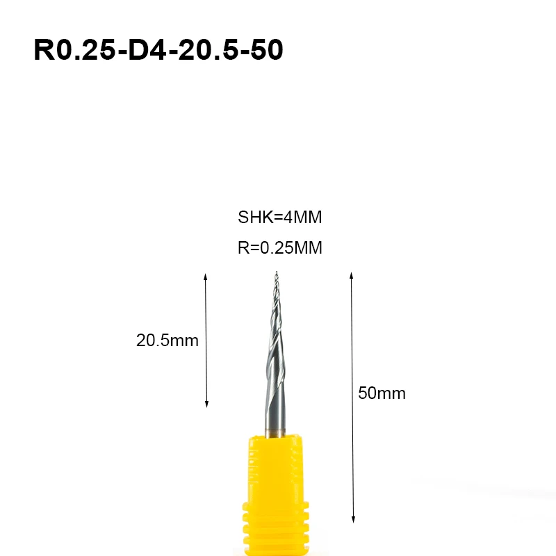 2 шт./лот R0.25& 0,5& 0,75& 1,0 мм 4 мм хвостовик 50L HRC55 Вольфрам твердосплавные конические концевые фрезы и конусные фрезы с ЧПУ