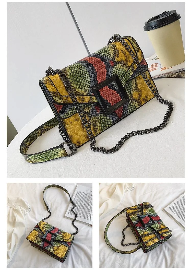 Messenger Bag Serpentine Pattern Crossbody Bag Snake Print Women's Shoulder Bag Stitching Hit Color Chain Small Square Snake Bag