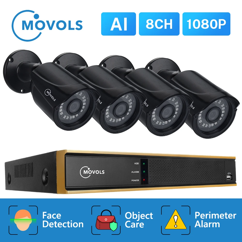 Movols 8CH 1080P AI CCTV Camera System IR Outdoor Weatherproof Security Camera H.265 DVR Kit Outdoor Video Surveillance System