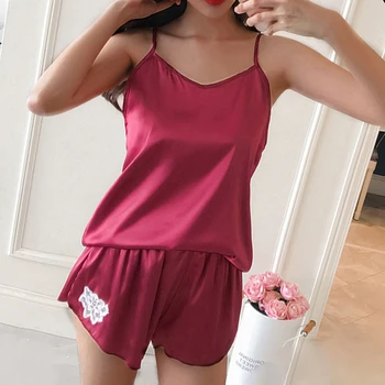 

Women Sexy Pajamas Set Ice Silk Thin Pajamas Set Casual Sexy V-neck Camisole Sleeveless Tops+Shorts Female Pajamas Homewear