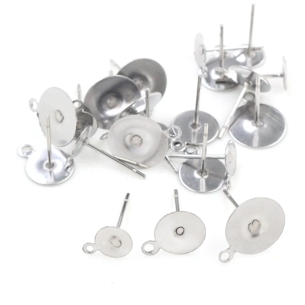 100pcs/lot Stainless Steel Blank Post Earring Studs Pins With Loop Hang