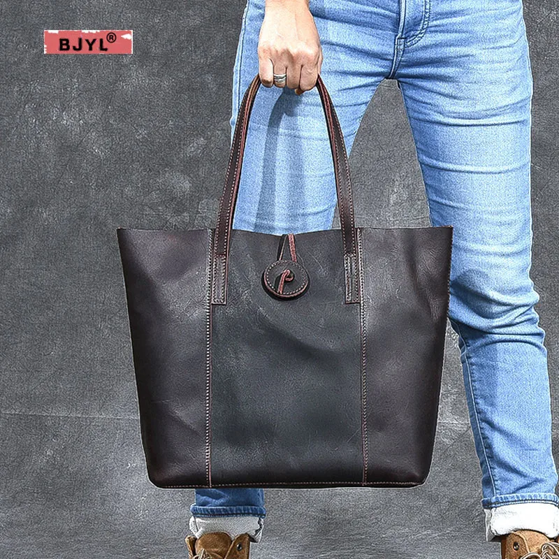 

BJYL Unisex mad horse pitot bag leather retro old first layer cattle large capacity men bag handbag