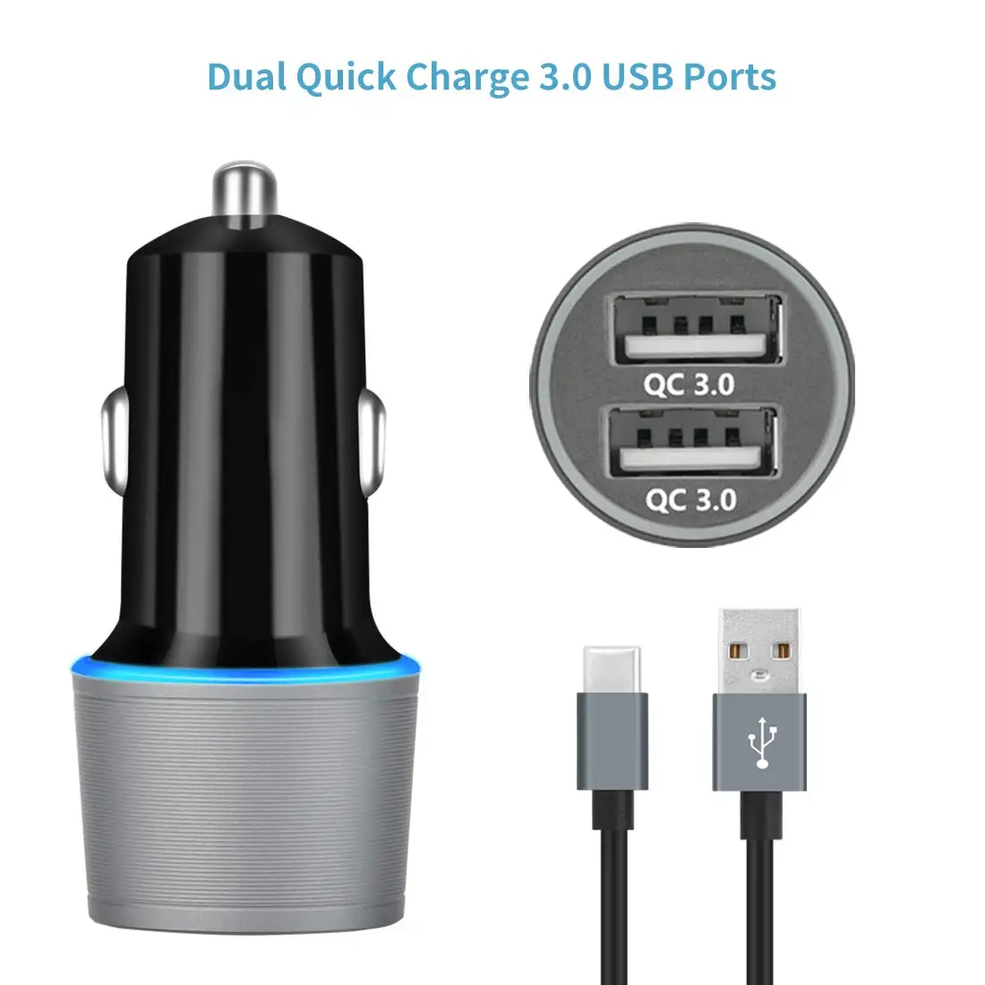 USB C автомобильное зарядное устройство, C Быстрая зарядка 3,0 двойной USB быстрое автомобильное зарядное устройство с кабелем type C 3.3ft usb зарядное устройство