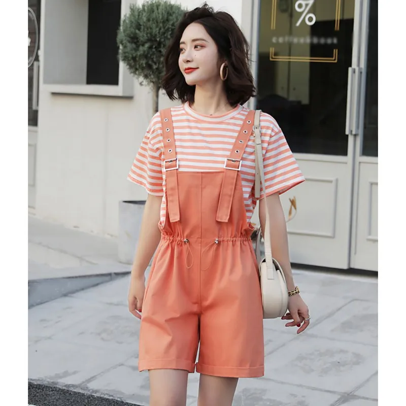 

Two-piece Women' Sets Short-sleeve Striped T-shirt Wide-leg Solid Playsuits Short Pants Sweet Loose 2 piece Ladies Suits 2XL