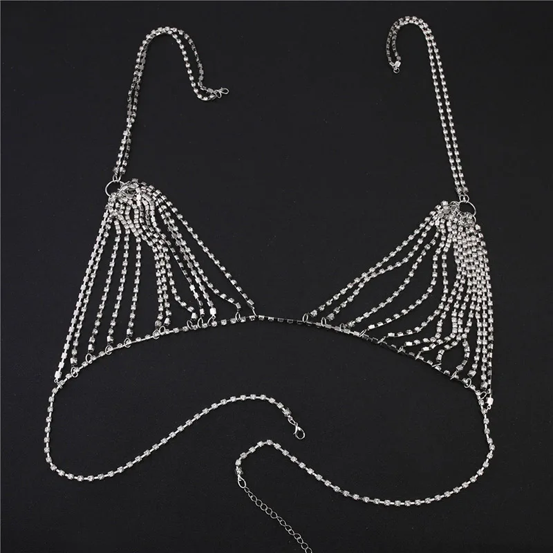 Sexy Body Chain Bikini Bra Chain Sparkling Rhinestone Harness Body Jewelry for Women Beach Breast Bra Crystal Bralette NL280 - Окраска металла: Silver