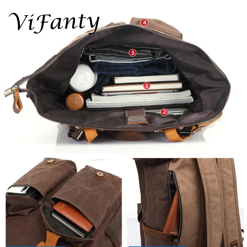 Vifanty, холщовый рюкзак с масляным воском, кожаный рюкзак для мужчин, рюкзаки для путешествий, винтажная сумка для книг с ноутбуком, мужская сумка t