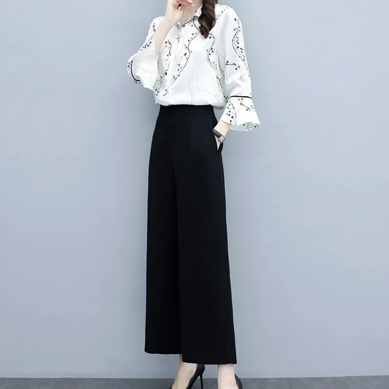 

Spring and summer new Chiffon trumpet sleeve shirt + top and wide leg pants two-piece women's fashion