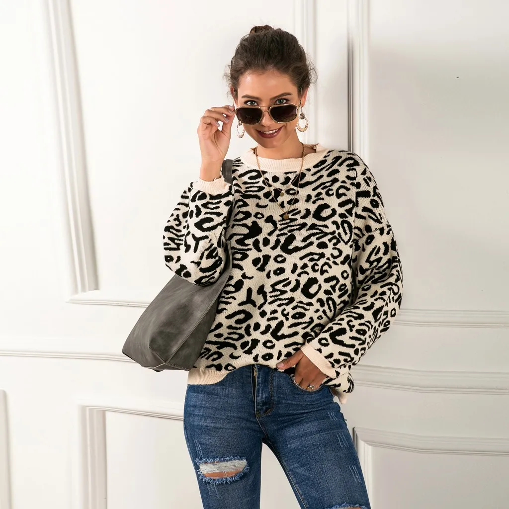 

Winter Clothes Women Sweater Casual Warm Daily Loose Leopard Sweater Splice Knitted Sweater Pullover Jumper jersey mujer 2019