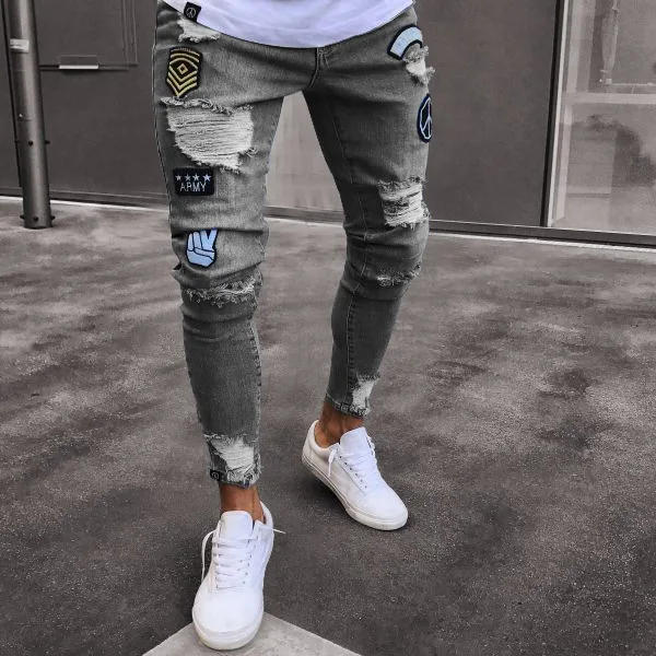 New Pop Style Ripped Slim Pants Embroidery Patchwork Men Gray Biker Jeans A651C 