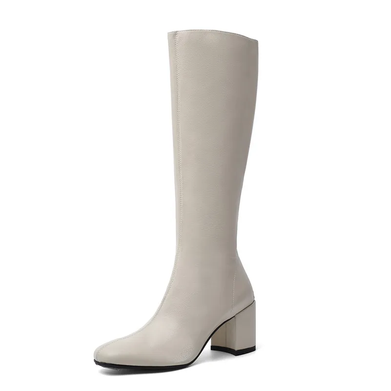 Beige Synthetic Lini ANNYMOLI-зимние сапоги до колена; женские высокие сапоги из натуральной кожи на высоком квадратном каблуке; обувь на молнии с круглым носком; женская обувь; размеры 34-39 - Цвет: Beige Synthetic Lini