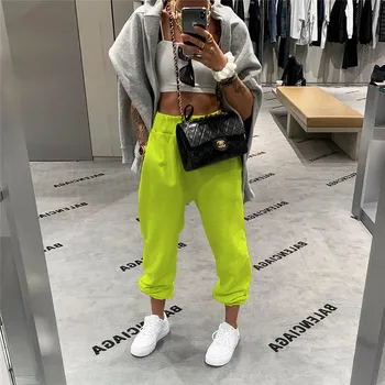 

Women's Pants Letter Fluorescent Green Closed Feet Loose High Waist Casual Hip-hop Harem Pants Cotton Trousers