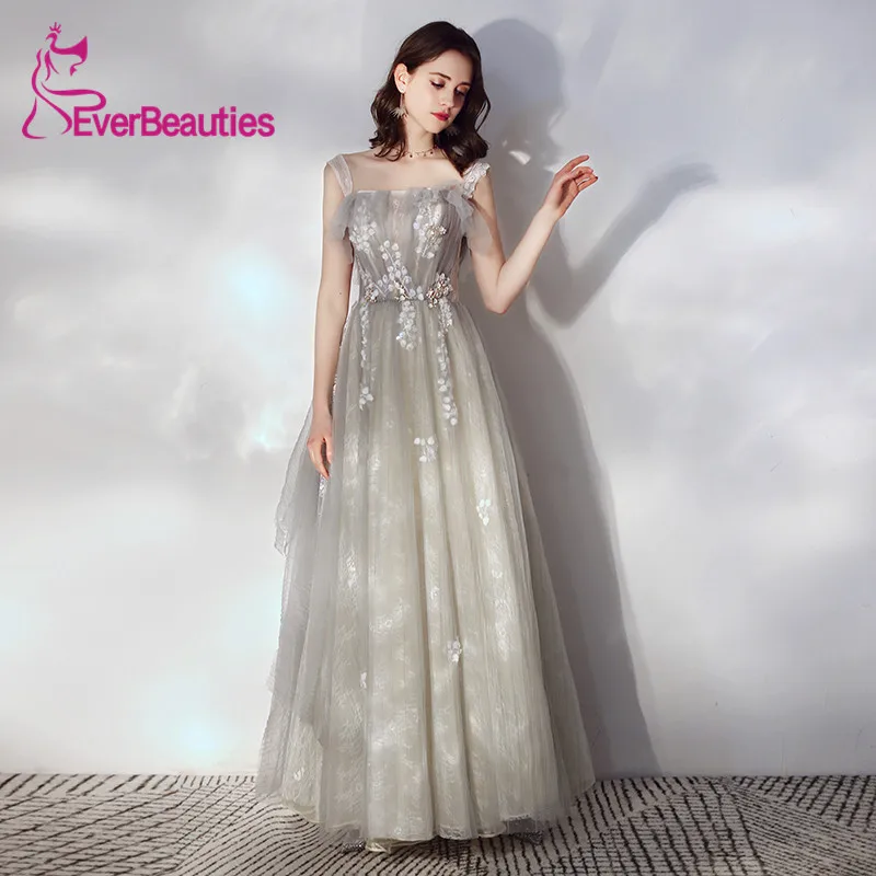 

Off the Shoulder Prom Dress Long 2019 Tulle Appliques Beaded Formal Party Evening Gown Grey Robe De Soiree