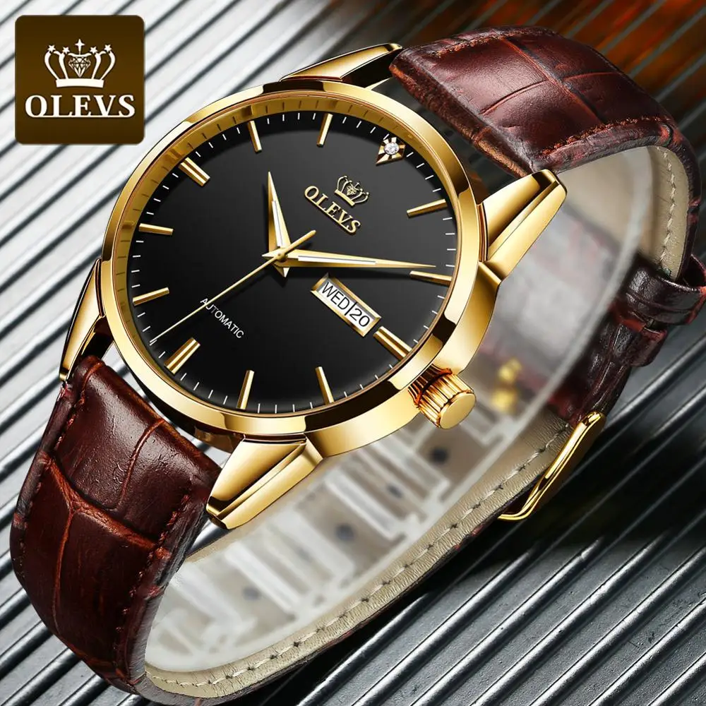 OLEVS New Men's Watches Classic Mechanical Leather Watch Men Luxury Men Automatic Watches Business Waterproof Clock Man 6629