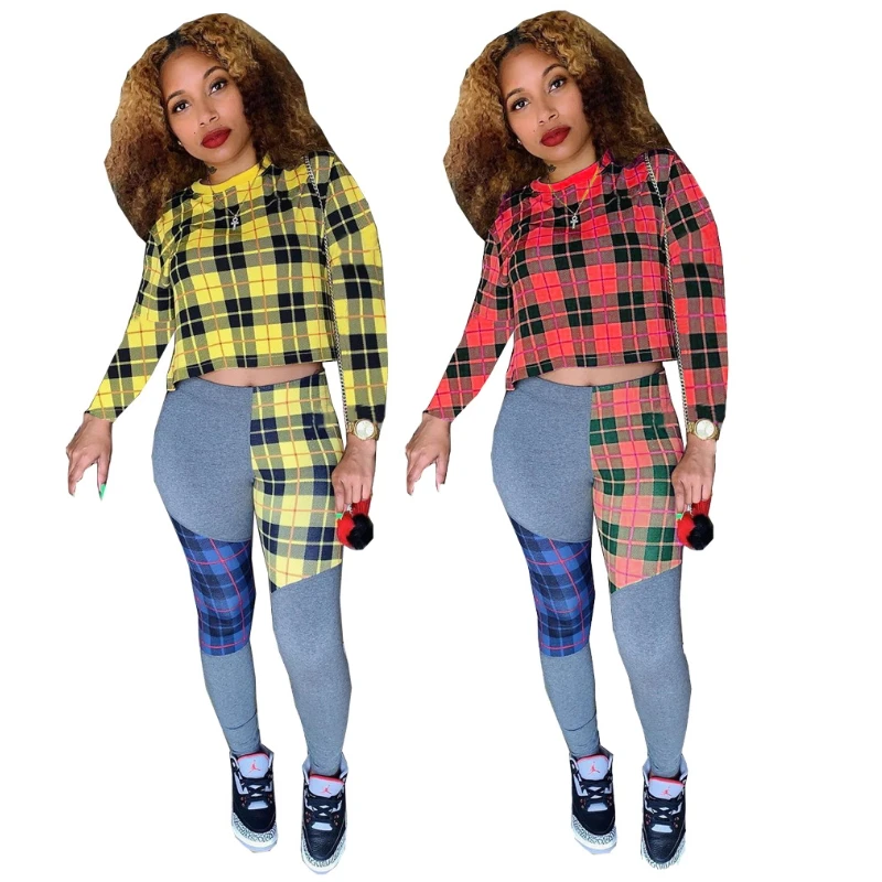 

Plaid Printed Patchwork Two Piece Set Checkered Outfits For Women Crop Top And Pants Bodycon Bodysuit Sexy Casual Matching Sets